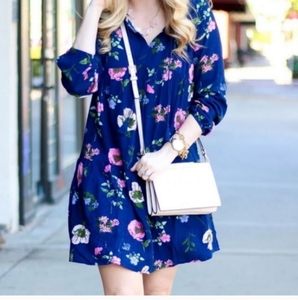 Old Navy Women's Navy Blue Floral Print Mini Dress Size (L)